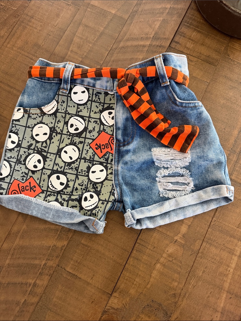 Kids Blue Distressed Denim Shorts with Jack Skellington and Striped Belt